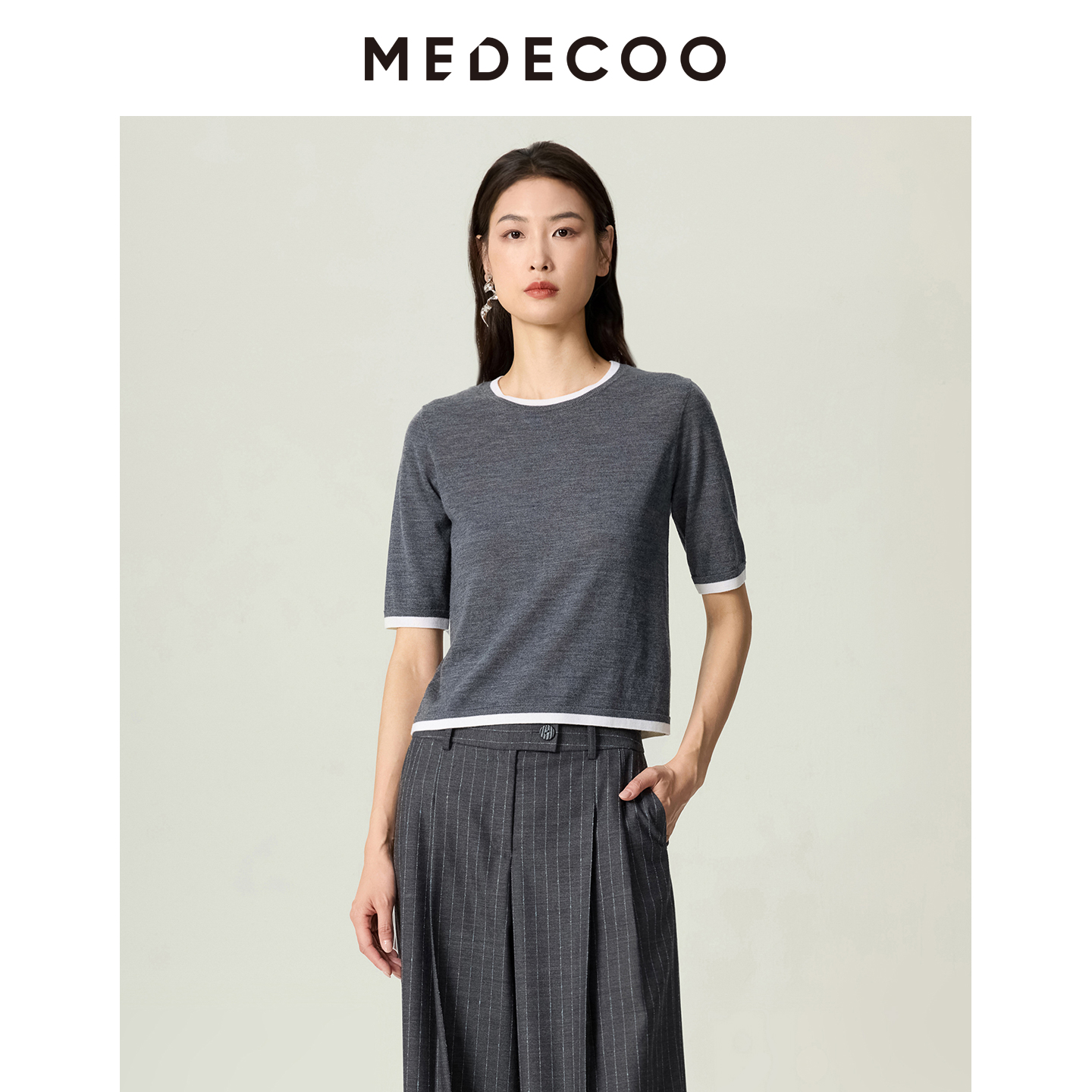 墨蒂珂撞色圆通套头羊毛针织衫