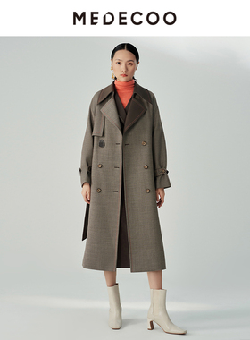 MEDECOO/墨蒂珂冬季新款 撞色翻领双排扣毛呢大衣女MHD20307