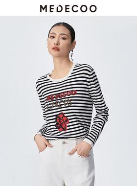 MEDECOO/墨蒂珂2025春新款女装条纹休闲减龄上衣针织衫MJC40301