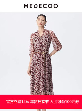 MEDECOO/墨蒂珂2025春季新款 V领印花七分袖雪纺连衣裙女SJC90420