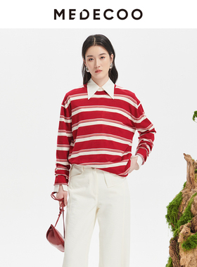 MEDECOO/墨蒂珂2026春季新款直身圆领套头条纹羊毛针织衫MKC40313