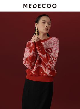 MEDECOO/墨蒂珂冬季新款民俗剪纸提花套头羊毛针织衫MHD40334