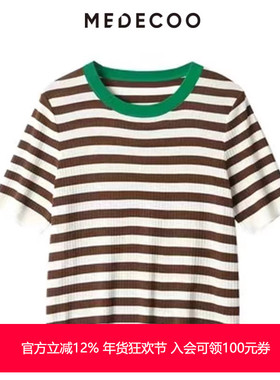 MEDECOO/墨蒂珂2025夏季新款 短袖圆领套头条纹针织衫T恤TIX40313