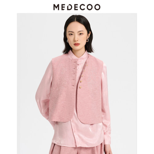 MEDECOO/墨蒂珂2026秋季新款女圆领珠扣装饰短款长袖修身显瘦外套