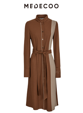 MEDECOO/墨蒂珂冬季新款立领系带撞色衬衫式连衣裙女MHD90406
