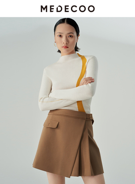 MEDECOO/墨蒂珂冬新款女装圆领撞色纯羊毛休闲针织衫MHD40316