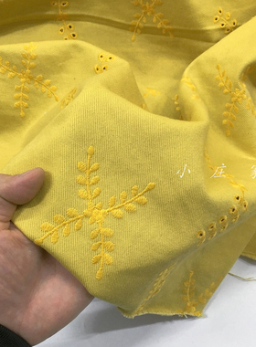 进口 黄色重工刺绣图腾叶子图案纯棉面料 春季 微挺亲肤 服饰布料