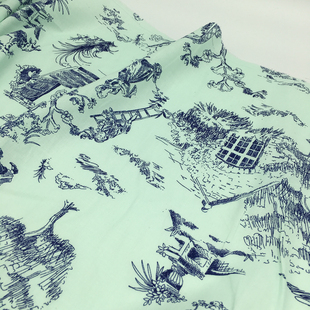 田园风淡青色风景画图案纯棉面料 夏季新品 衬衫 裙子 布料整米价