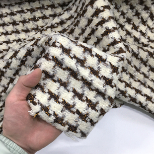 进口 米色蓬松编织感千鸟格子图案针织羊毛料面料 秋冬 柔软 布料