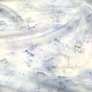 淡牛仔蓝色半透明水墨山林画天丝棉面料 夏季 亲肤 柔软 裙子布料