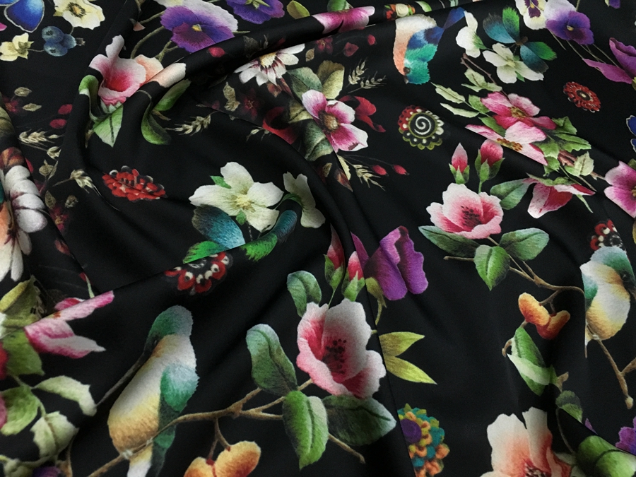 黑底小碎花小鸟印花数码喷绘桑蚕丝面料19姆米弹力宽幅真丝丝绸缎