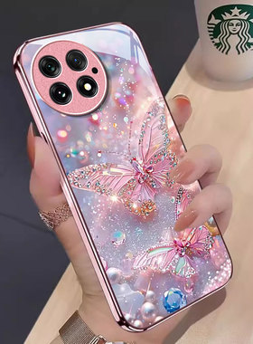 适用闪钻蝴蝶一加13T手机壳12金属漆11玻璃10pro新款9R少女心专用ace5防摔3V保护套2V硅胶oneplus全包竞速版