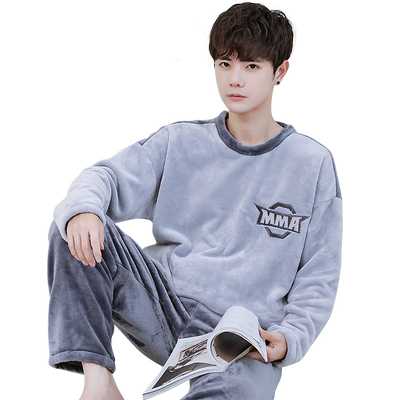 男士冬款加绒加厚套头青少年睡衣