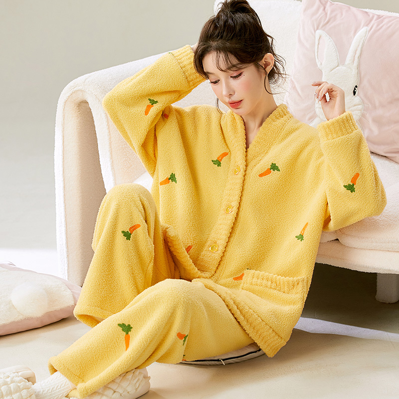 睡衣女秋冬半边绒加厚加绒法兰绒