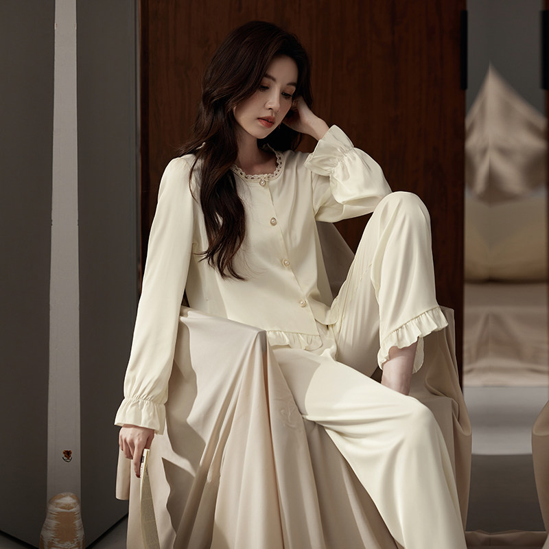 高级感简约衬衫睡衣女春秋季长袖长裤家居服丝绸韩版冰丝套装
