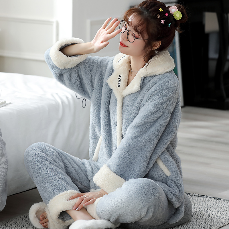 睡衣女秋冬季珊瑚绒加厚加绒可爱休闲保暖法兰绒可外穿居家服套装
