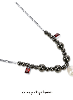 [Crazy rhythmm官方店] 红水晶天然珍珠音符秋冬黑色原创设计项链