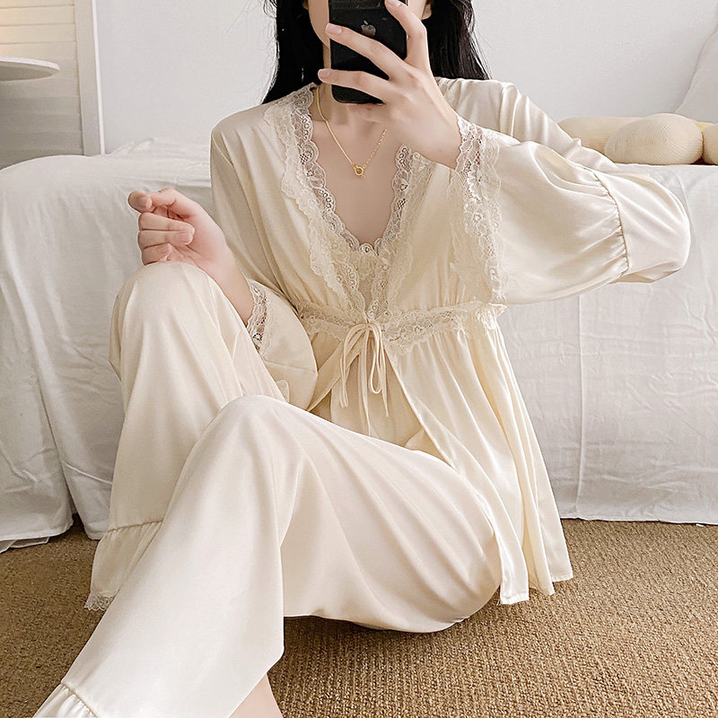 赵露思同款法式高级感冰丝睡衣三件套春秋季吊带睡袍家居服带胸垫