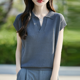 t恤女夏季 打底衫 纯色POLO短袖 2025新款 冰丝针织上衣 洋气大码 女装