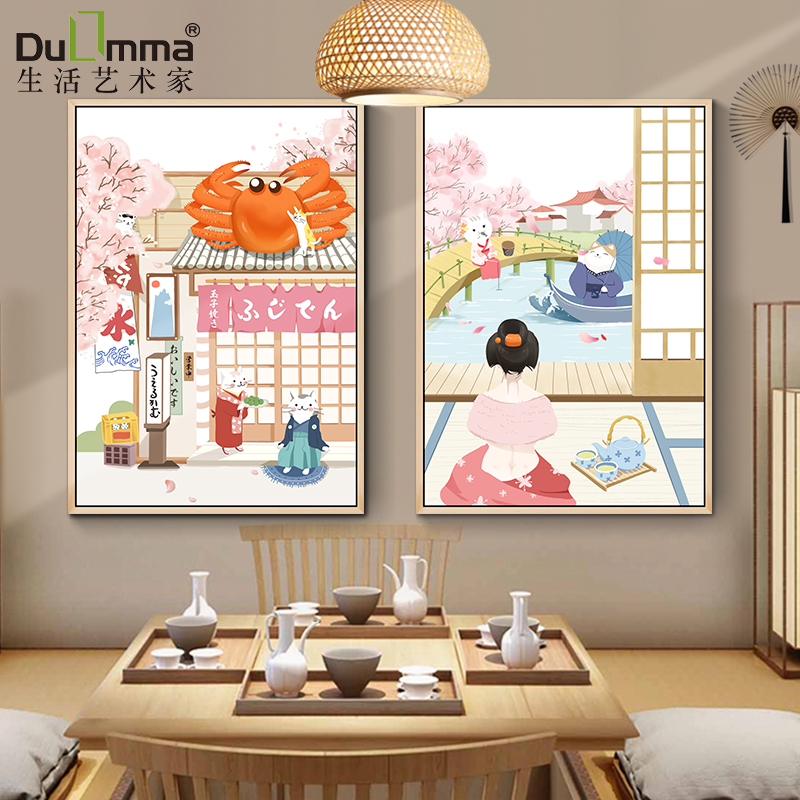日式小清新房间猫咪装饰画日本樱花风景日料店挂画卧室寿司店壁画
