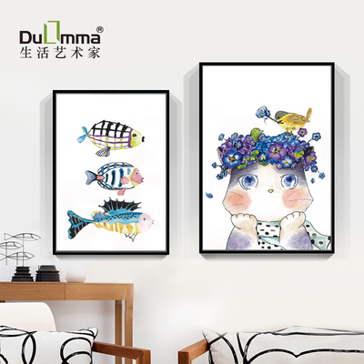 北欧装饰画餐厅客厅卧室儿童房现代简约餐厅挂画卡通水彩画猫鱼画