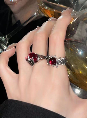 不规则红珠子戒指女ins小众设计冷淡风高级指环时尚气质闺蜜戒指