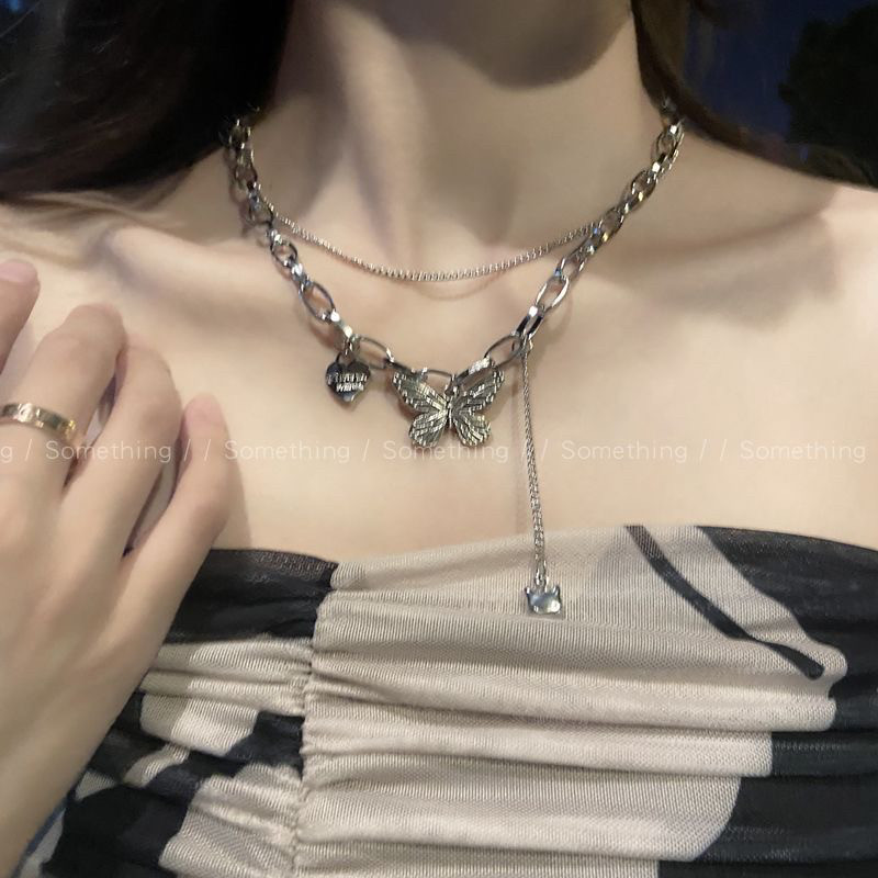 双层叠戴爱心蝴蝶链条项链女夏ins嘻哈潮酷辣妹配饰设计感锁骨链