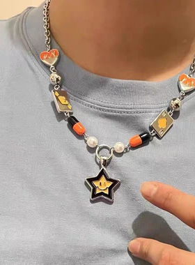 嘻哈星星笑脸项链男时尚设计感小众潮派朋克情侣百搭毛衣链潮酷