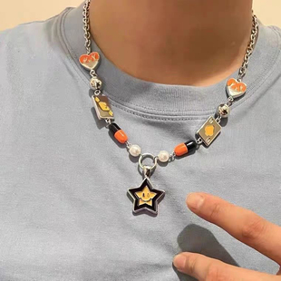 嘻哈星星笑脸项链男时尚设计感小众潮派朋克情侣百搭毛衣链潮酷