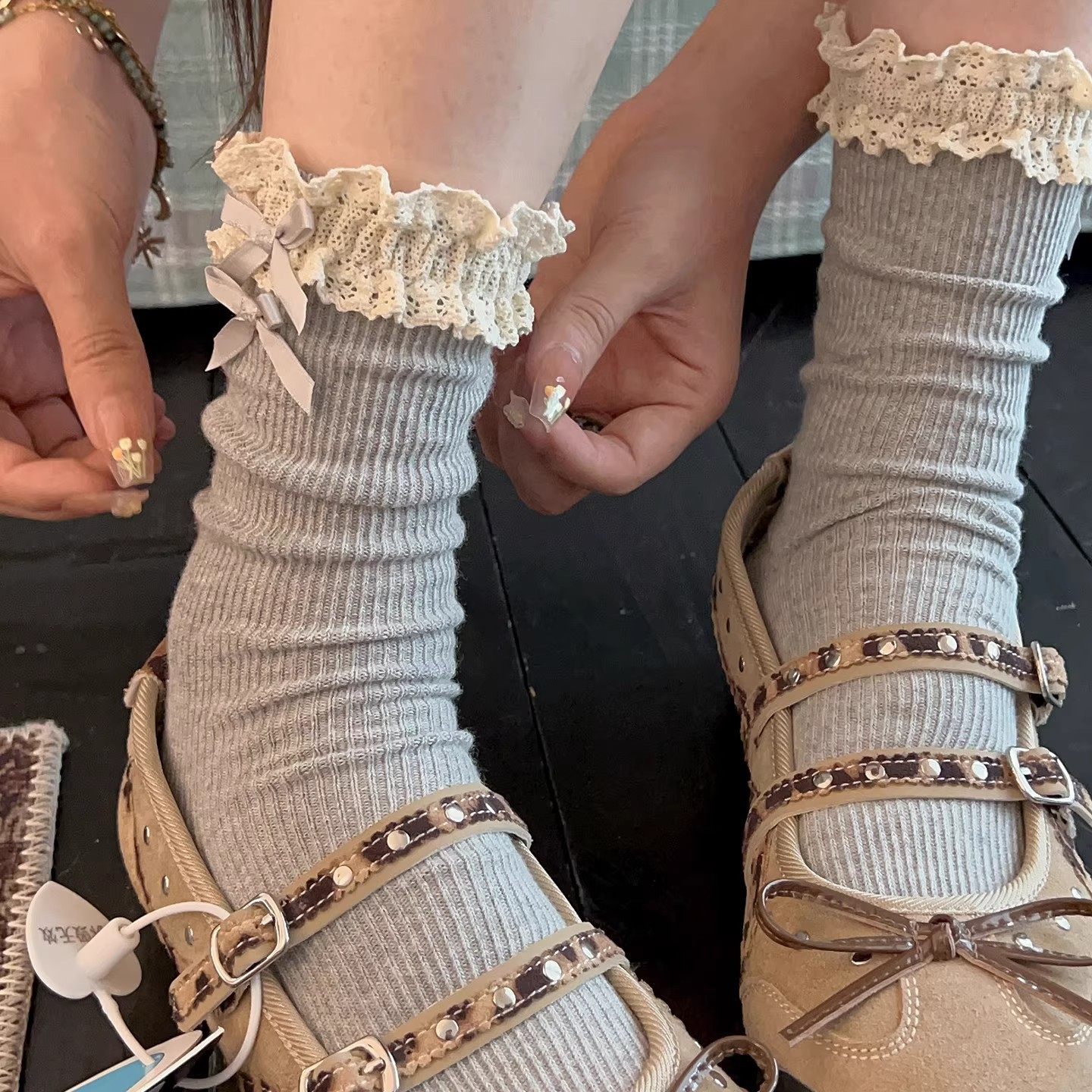 蕾丝花边袜子女款中筒秋冬季棉袜蝴蝶结堆堆袜芭蕾风长筒配小皮鞋,女士内衣/男士内衣/家居服,短袜,淘宝优惠券,粉丝福利购,淘宝优惠卷