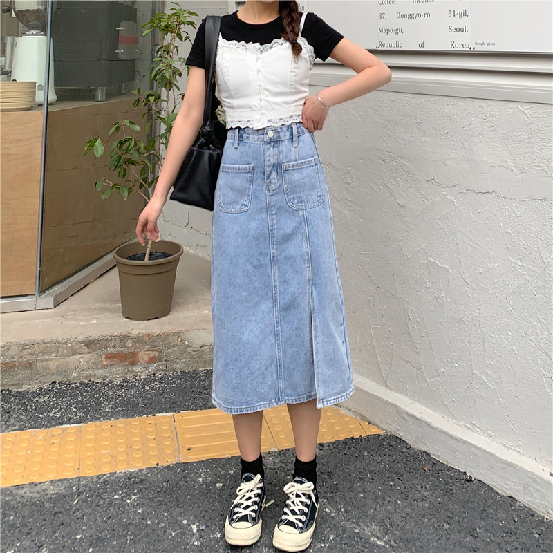 Real price ~ Korean side split high waist mid length front double pocket buttocks straight tube A-line skirt