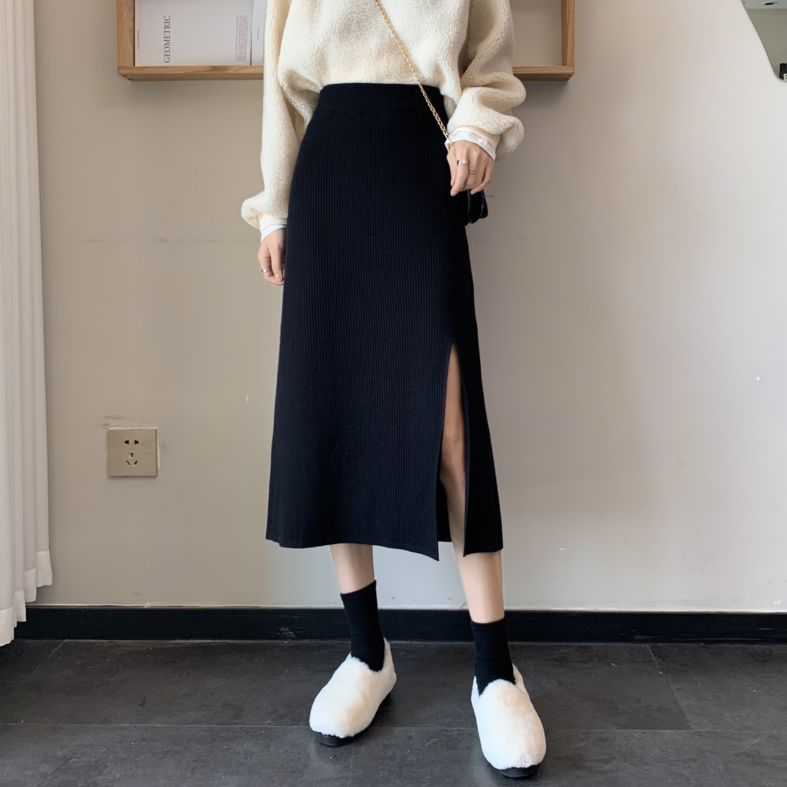 Real price autumn and winter new knitted skirt women's middle long slit slim high waist A-line wrap skirt