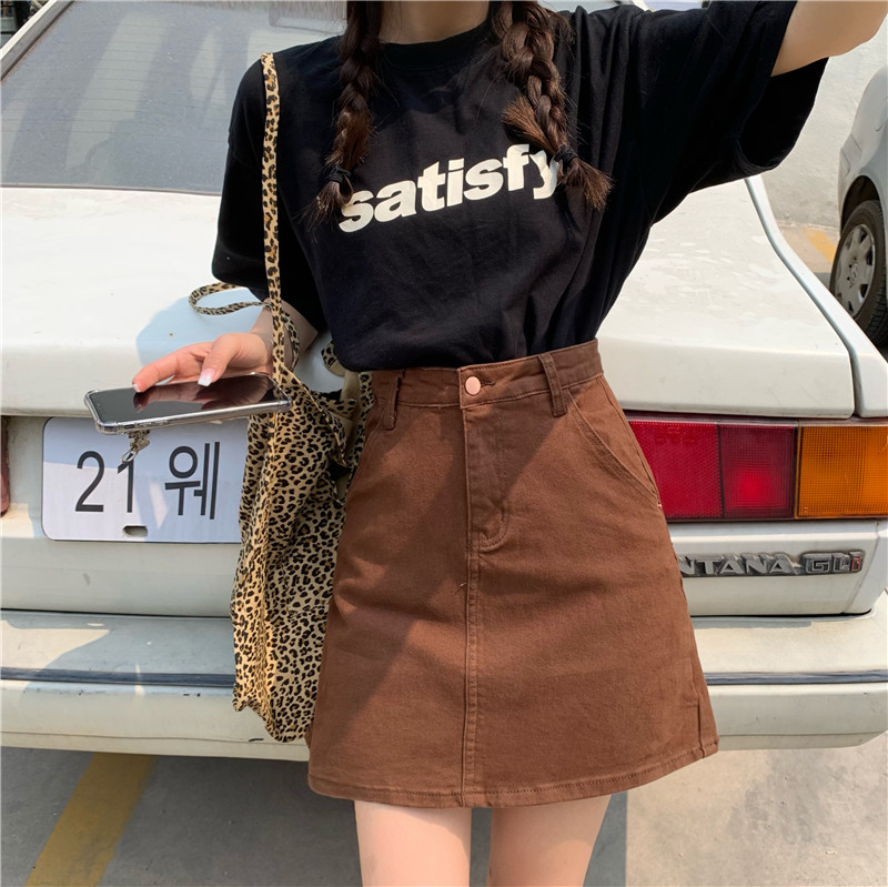 Real price ~ coffee denim short skirt, high waist A-line skirt, versatile hot girl hip skirt