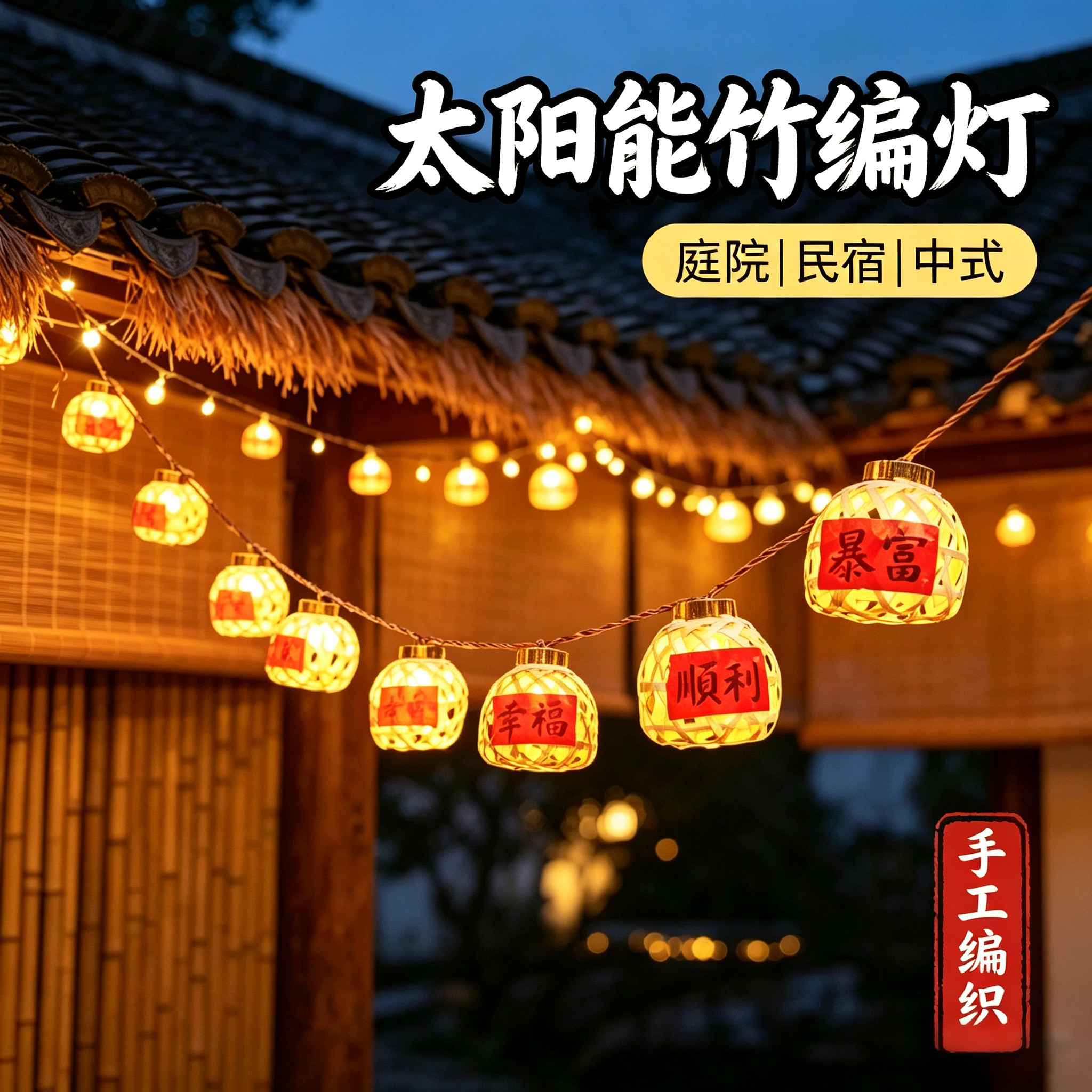 户外阳台布置灯太阳能竹编灯笼led小彩灯串春节装饰灯挂灯氛围灯