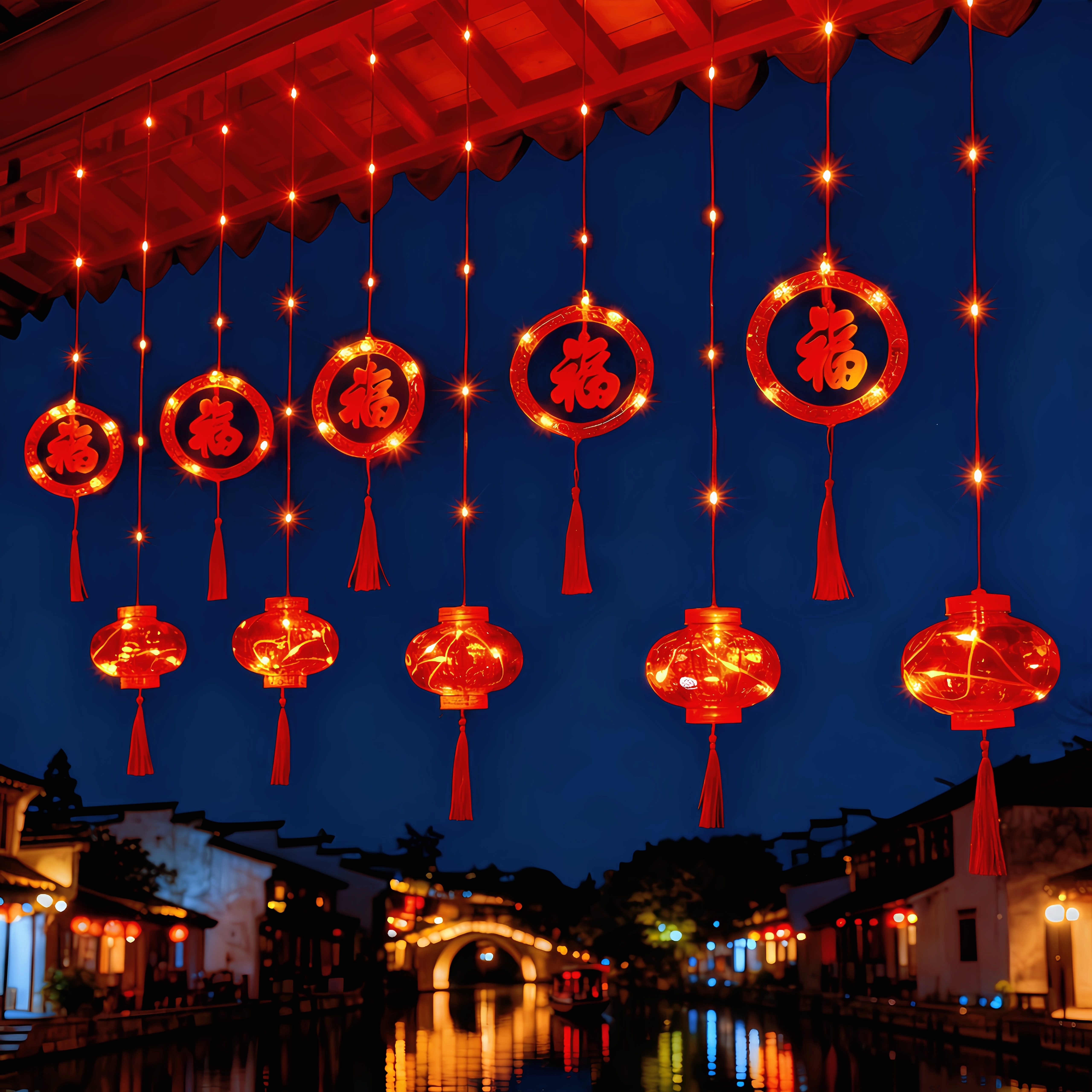新款春节彩灯小红灯笼新年福字灯户外太阳能灯串窗帘氛围装饰灯