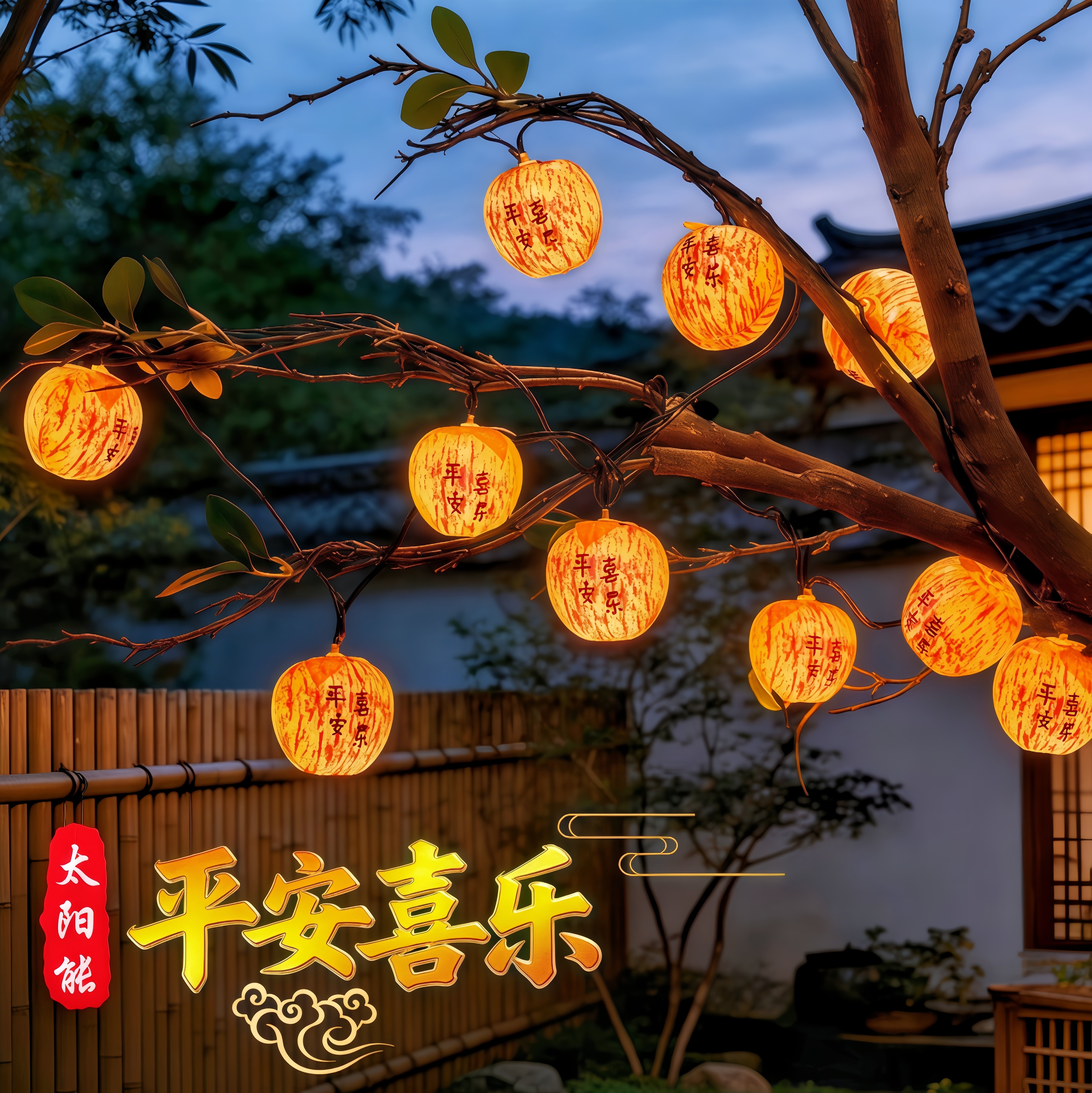 新款苹果灯笼太阳能装饰灯新年春节灯户外庭院彩灯串灯挂树氛围灯