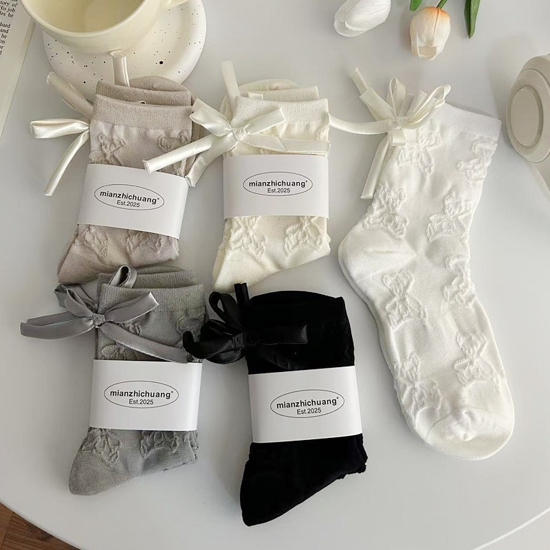 诸暨堆2025新款女中筒袜纯色棉袜日系ins风立体蝴蝶结纯色堆堆袜