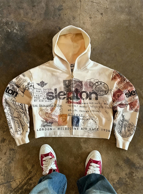 y2k hoodie~美式小众涂鸦风连帽拉链卫衣女宽松休闲开衫外套潮牌