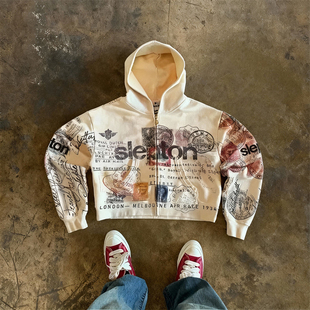 小众涂鸦风连帽拉链卫衣女宽松休闲开衫 美式 外套潮牌 hoodie y2k