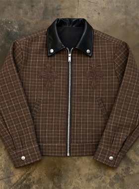 y2k hoodie~美式复古撞色拼接格子夹克男女高街vibe老钱风外套