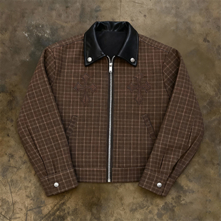 y2k hoodie~美式复古撞色拼接格子夹克男女高街vibe老钱风外套