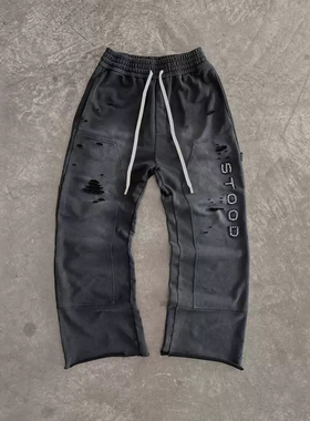 y2k hoodie潮牌复古运动风字母印花做旧卫裤男女宽松直筒休闲长裤