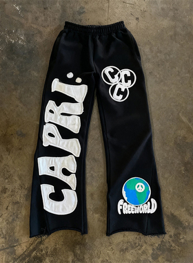 y2k hoodie~美式高街风黑色卫裤男女宽松小众刺绣复古潮牌长裤