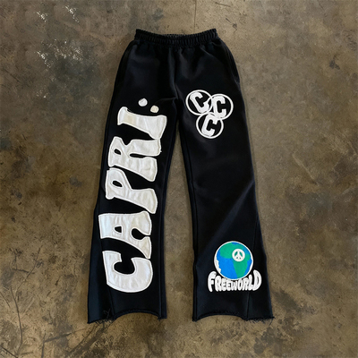 y2k hoodie~美式高街风黑色卫裤男女宽松小众刺绣复古潮牌长裤