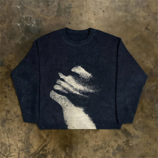 针织衫 潮流抽象人物印花圆领套头毛衣男女宽松长袖 hoodie美式 y2k