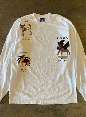 y2k hoodie~美式小众卡通狗狗印花长袖T恤男女情侣白色纯棉上衣潮