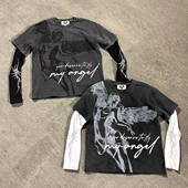 y2k T恤男女宽松街头风做旧上衣棉 假两件天使印花长袖 hoodie 美式