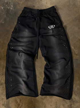 y2k hoodie~美式街头风黑色铆钉宽松直筒卫裤女抽绳休闲长裤垂感