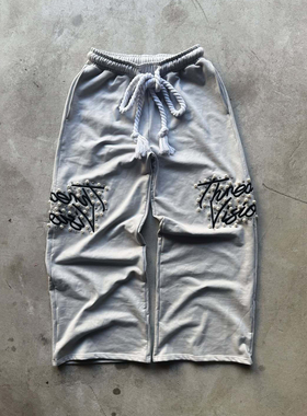 y2k hoodie~美式嘻哈风珍珠装饰宽松卫裤女灰色直筒长裤休闲街头