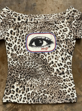 y2k hoodie~美式辣妹风豹纹眼睛短袖T恤野性豹纹一字肩复古上衣女